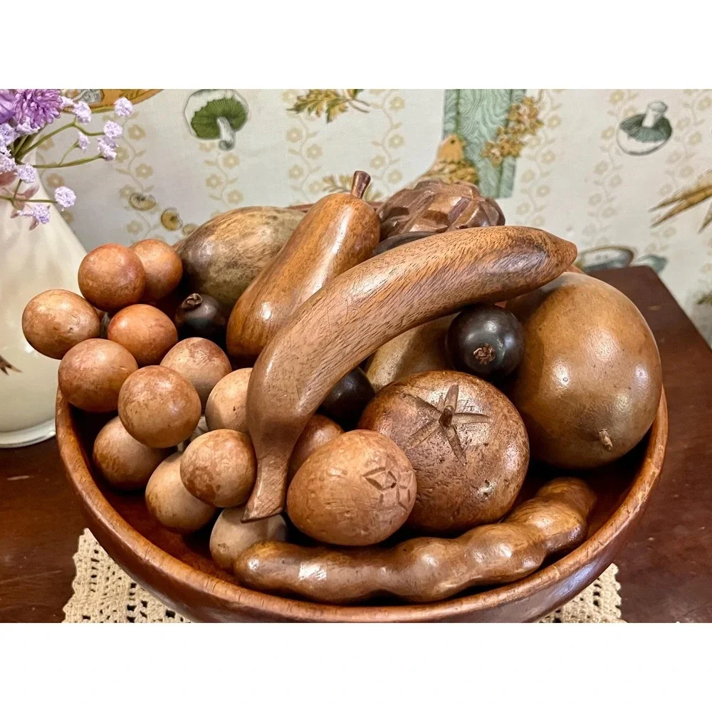Vintage MCM Hand-Carved Wooden Fruit Bowl Centerpiece 15 Piece Set